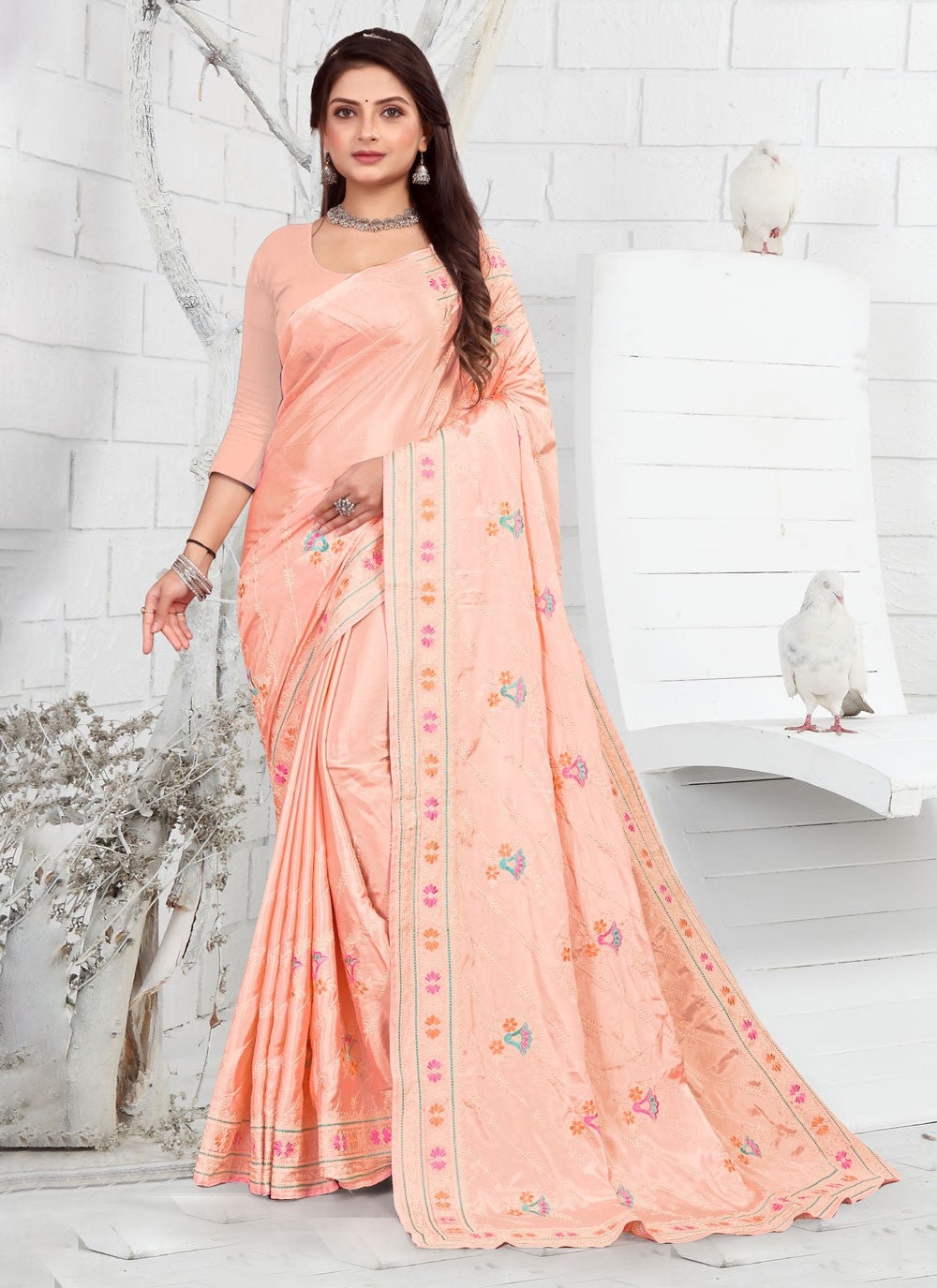 Classic Embroidered Faux Crepe Saree - S3733