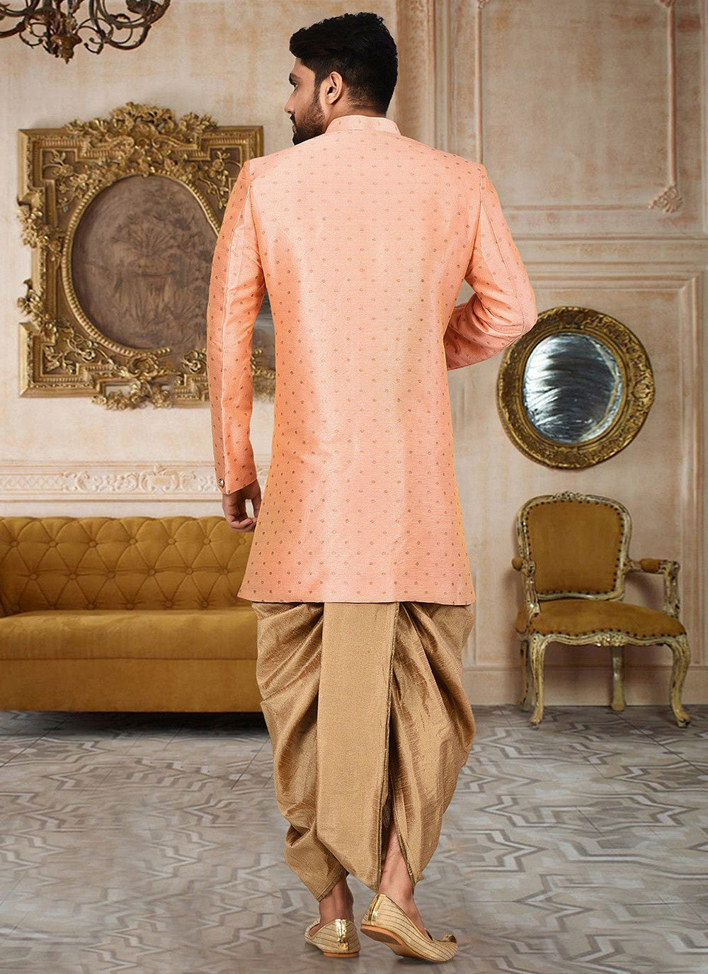 Zari Cotton , Linen Peach Indo Western Sherwani - M2760