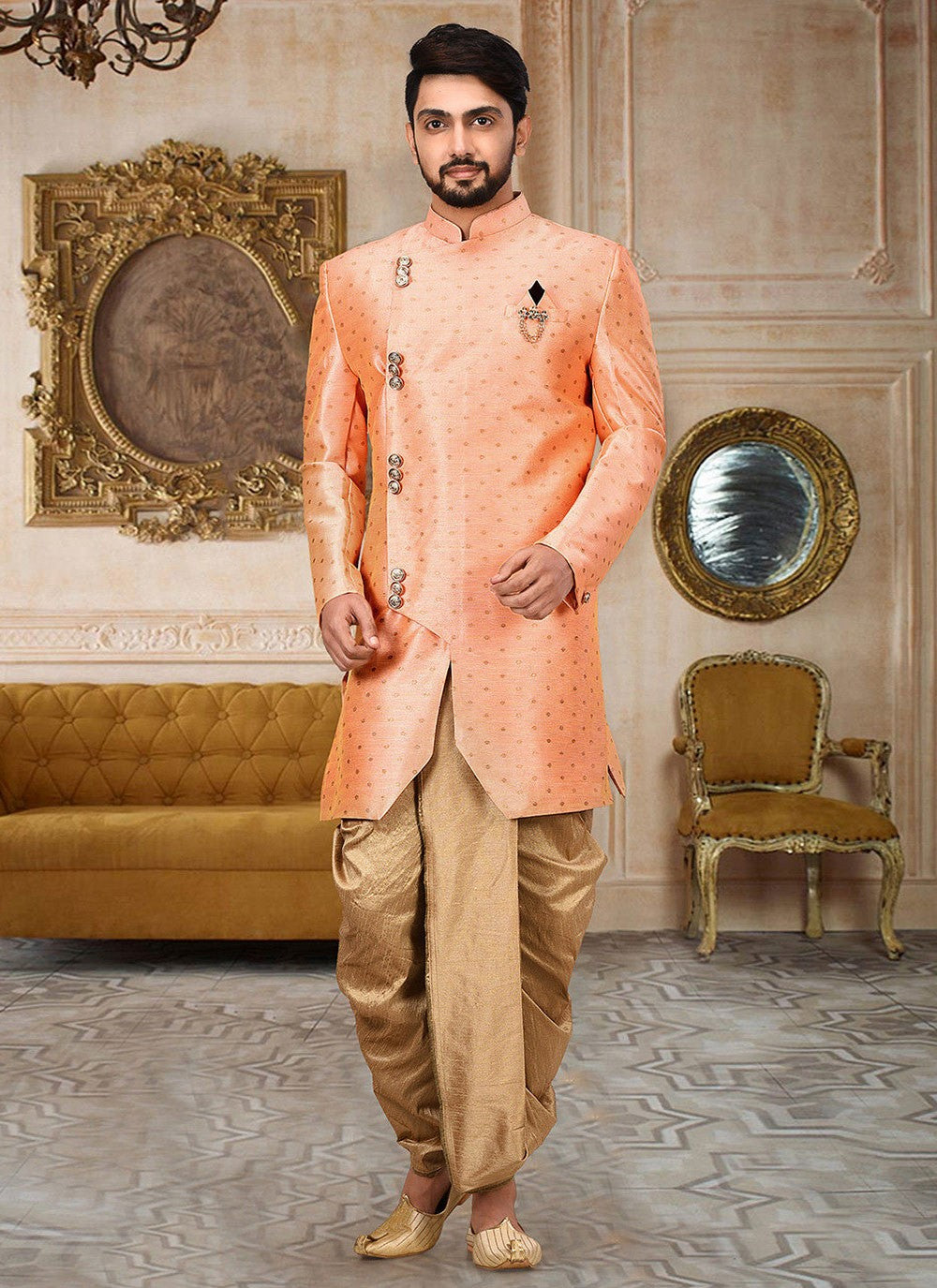 Zari Cotton , Linen Peach Indo Western Sherwani - M2760