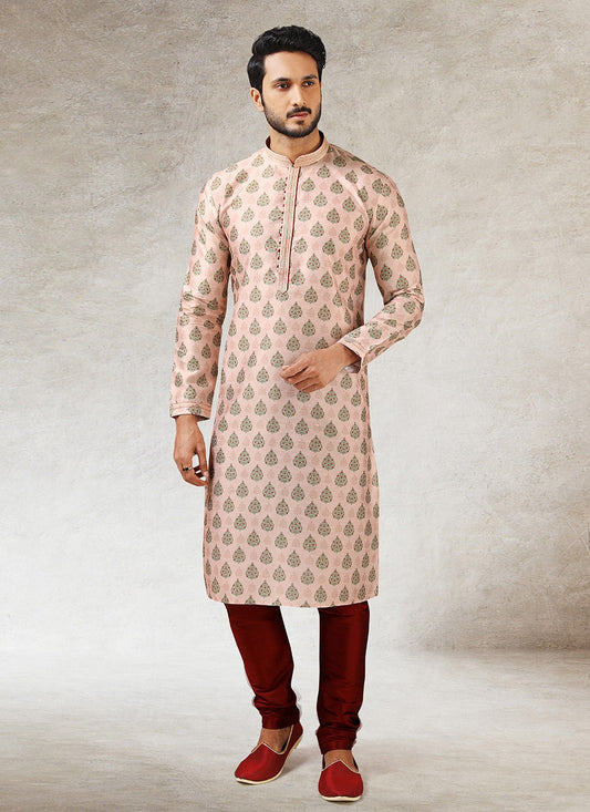 Printed Art Silk Peach Kurta Pyjama - M2863