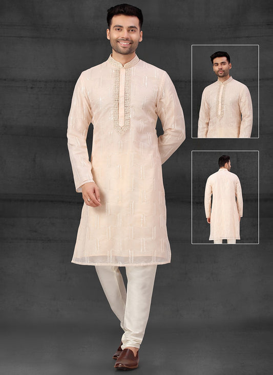 Fancy Work Organza, Silk Peach Kurta Pyjama - M4108