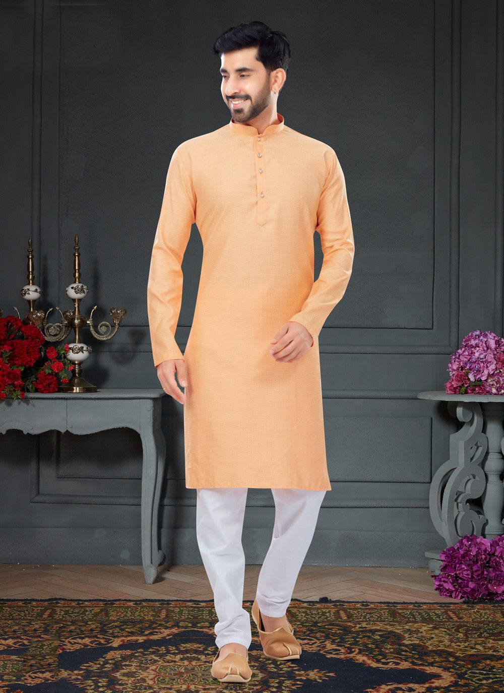 Fancy Work Cotton , Jacquard Peach Kurta Pyjama - M4747