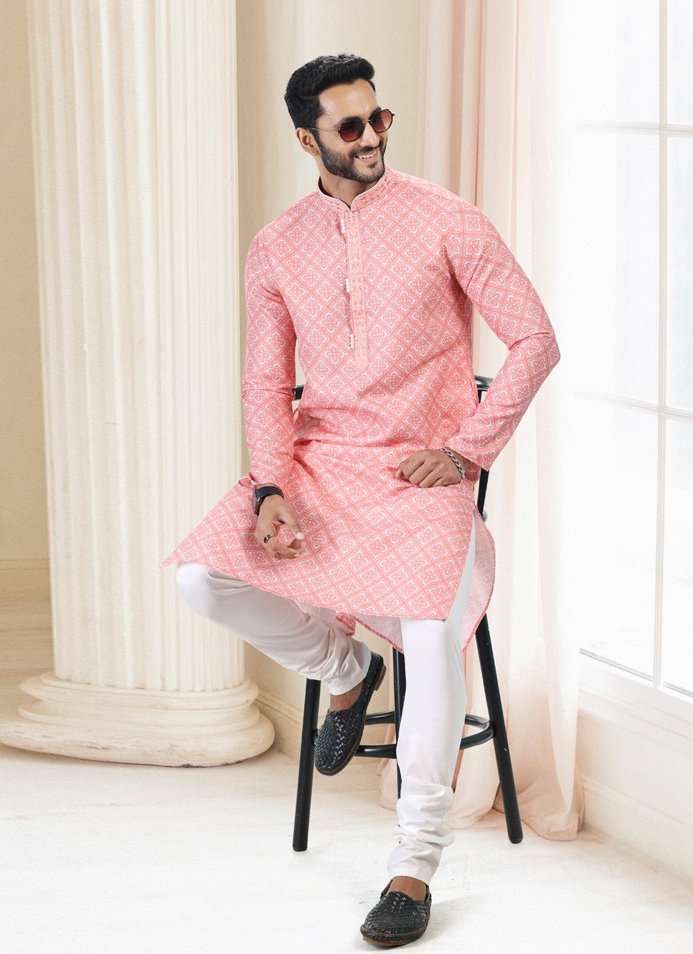 Fancy Work Cotton Peach Kurta Pyjama - M5129