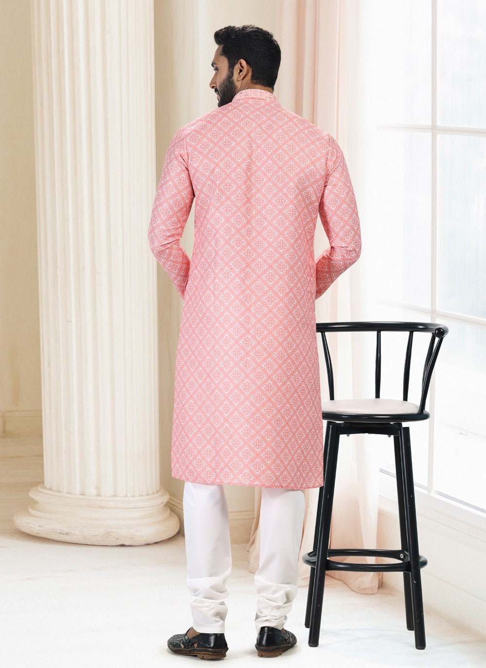 Fancy Work Cotton Peach Kurta Pyjama - M5129