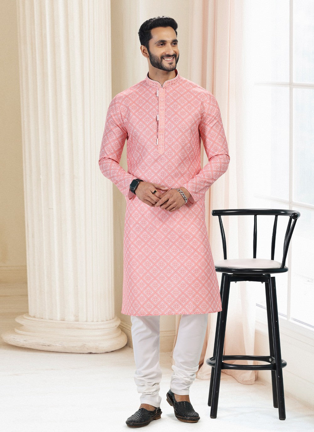 Fancy Work Cotton Peach Kurta Pyjama - M5129