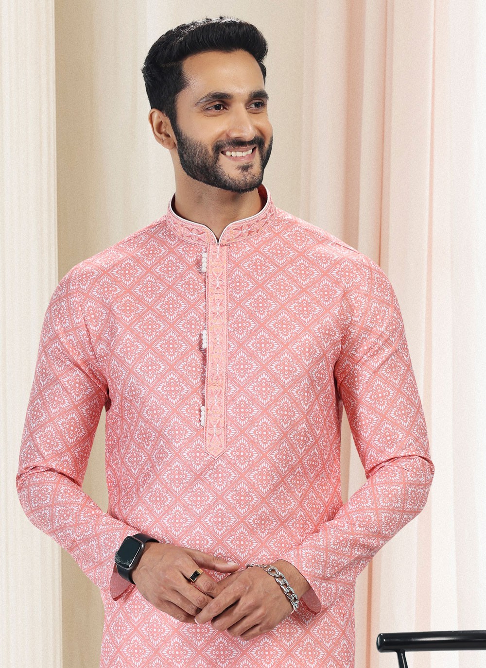 Fancy Work Cotton Peach Kurta Pyjama - M5129