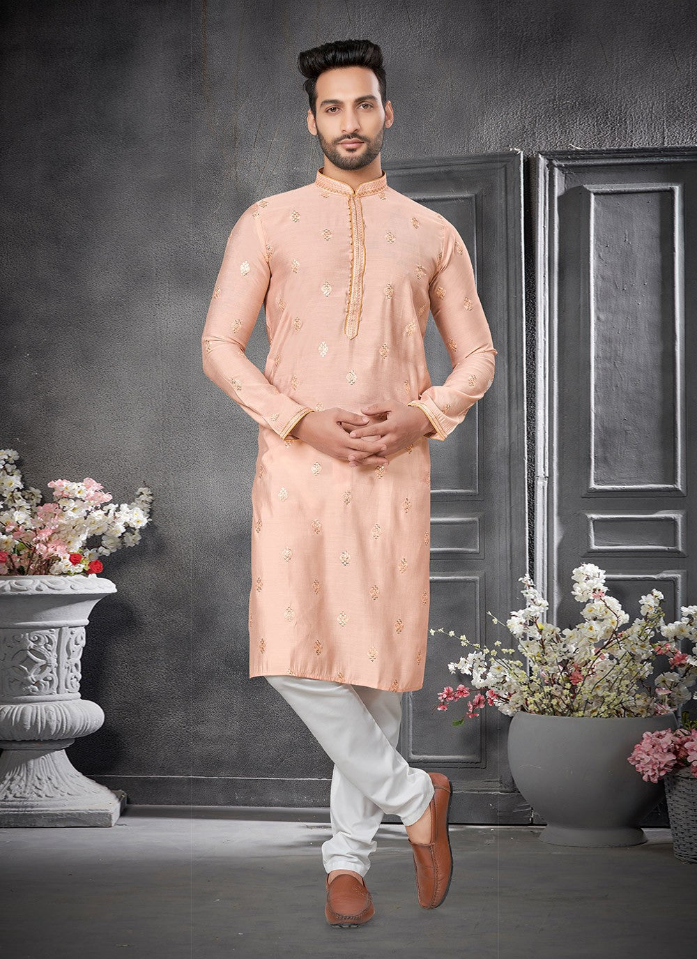 Embroidered Cotton Silk Peach Kurta Pyjama - M6403