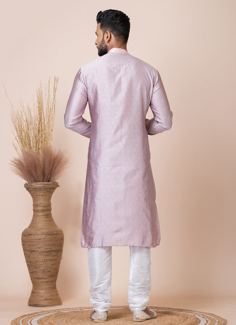 Printed Jacquard Silk Peach Kurta Pyjama - M8543