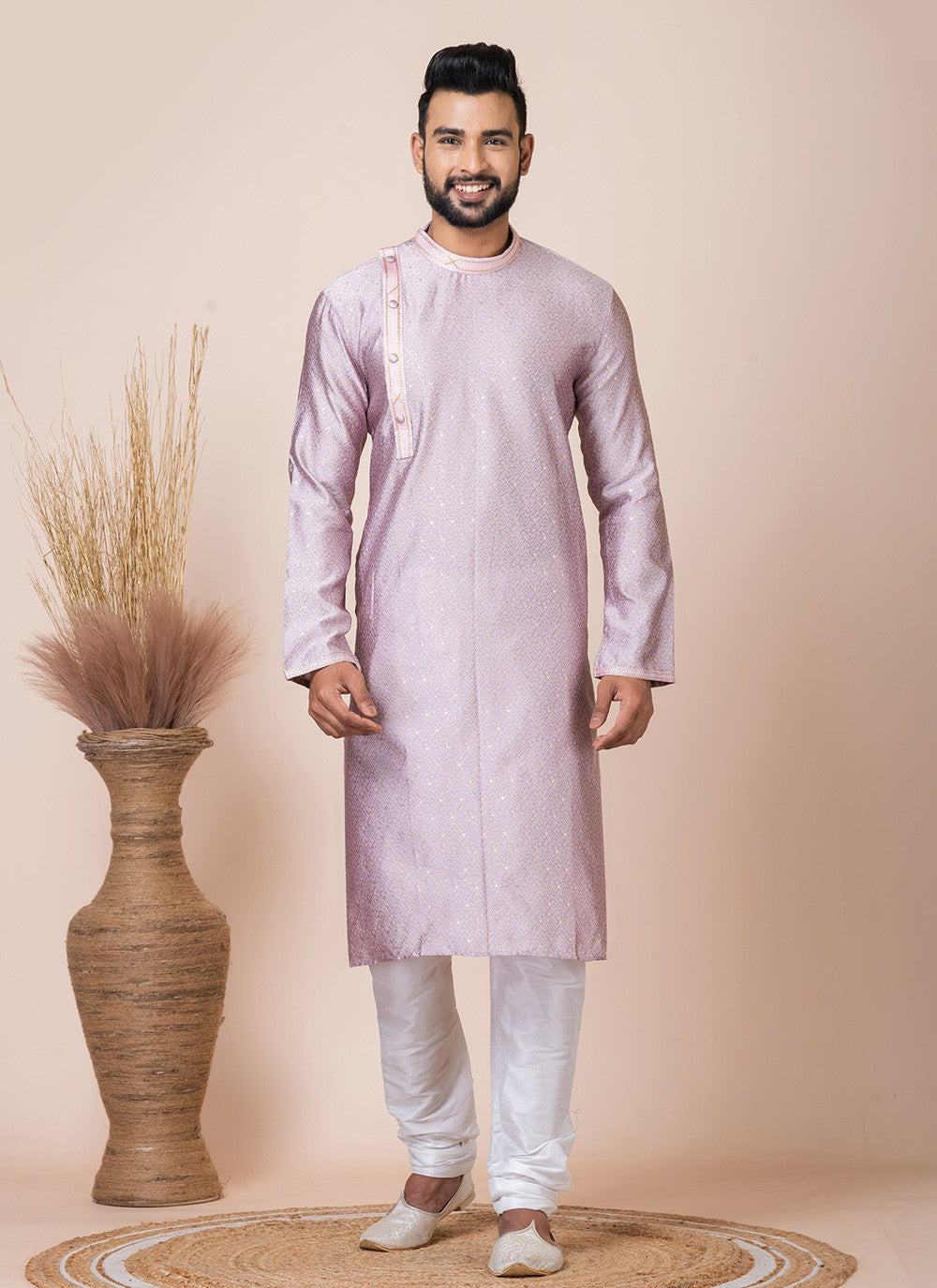 Printed Jacquard Silk Peach Kurta Pyjama - M8543