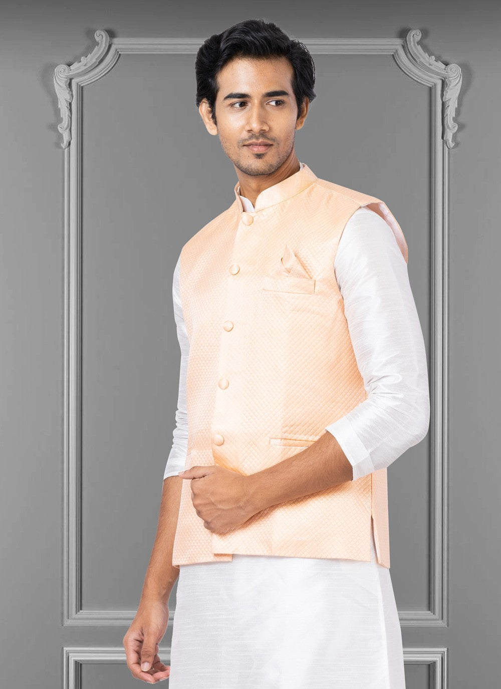 Embroidered Linen, Silk Peach Nehru Jackets - M3821