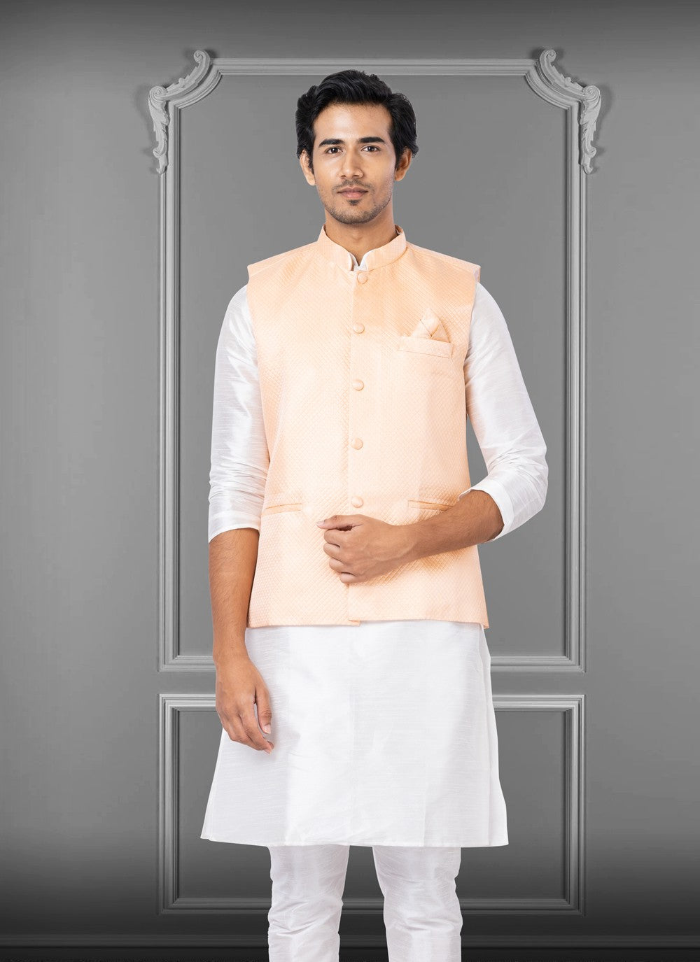 Embroidered Linen, Silk Peach Nehru Jackets - M3821