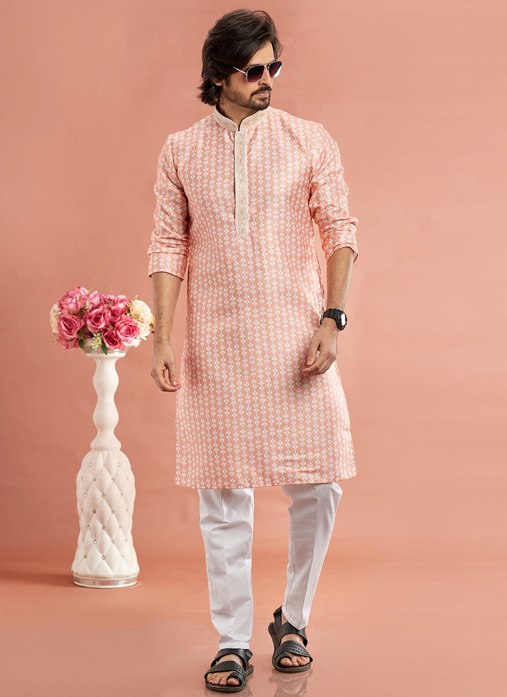 Digital Print Cotton Peach Kurta Pyjama - M7075