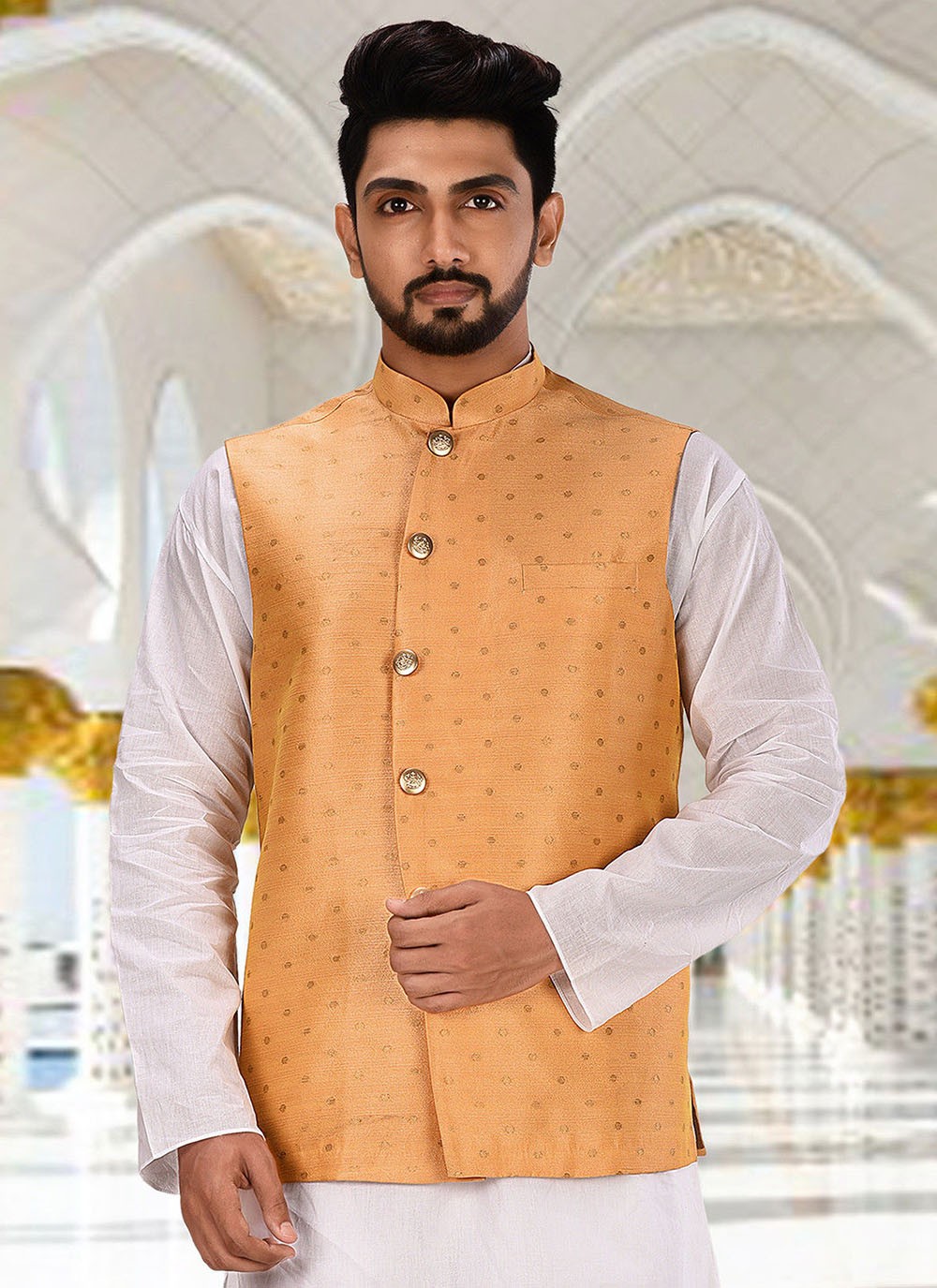 Fancy Work Cotton Peach Nehru Jackets - M2753