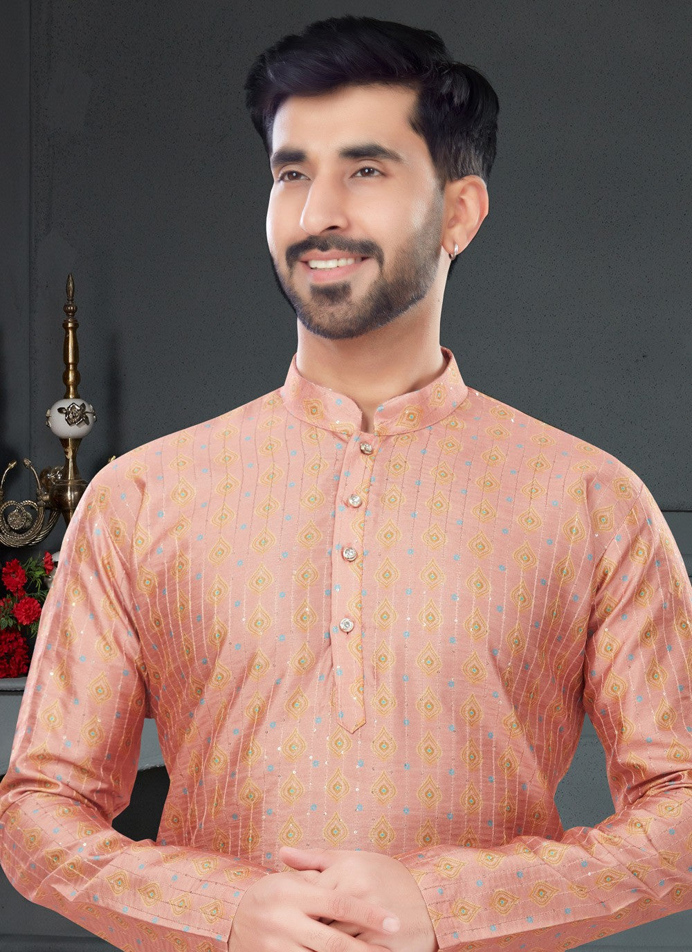 Digital Print Silk Peach Kurta Pyjama - M4738