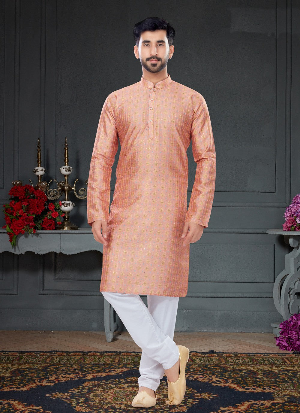 Digital Print Silk Peach Kurta Pyjama - M4738