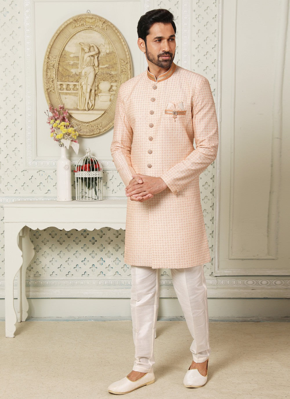 Embroidered Art Silk Peach Indo Western - M4423