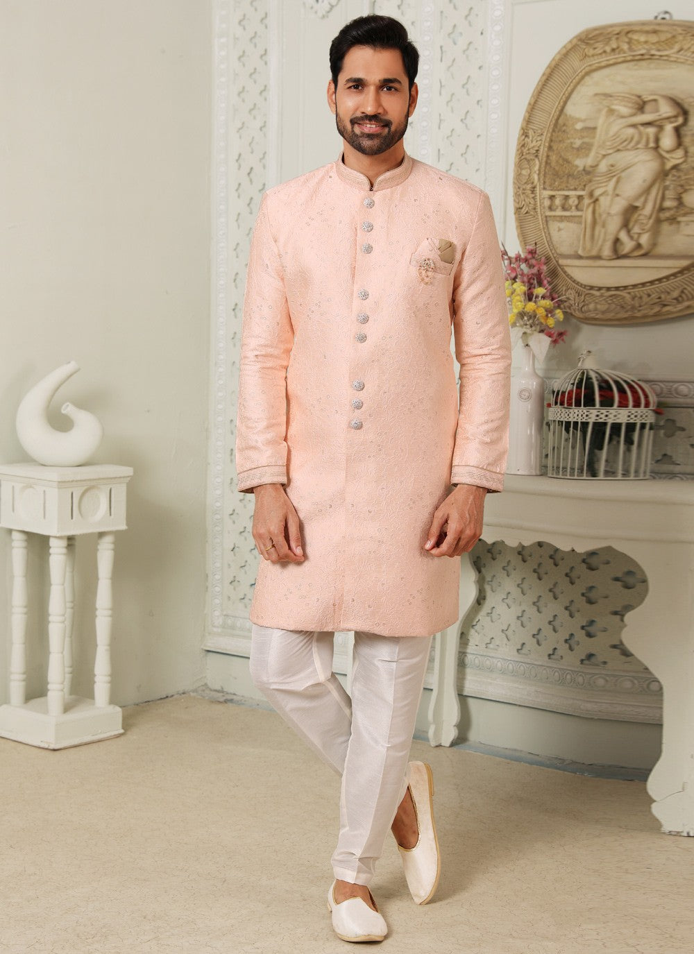 Embroidered Jacquard Peach Indo Western - M4413