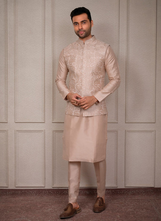 Embroidered Silk Peach Kurta Payjama With Jacket - M8360