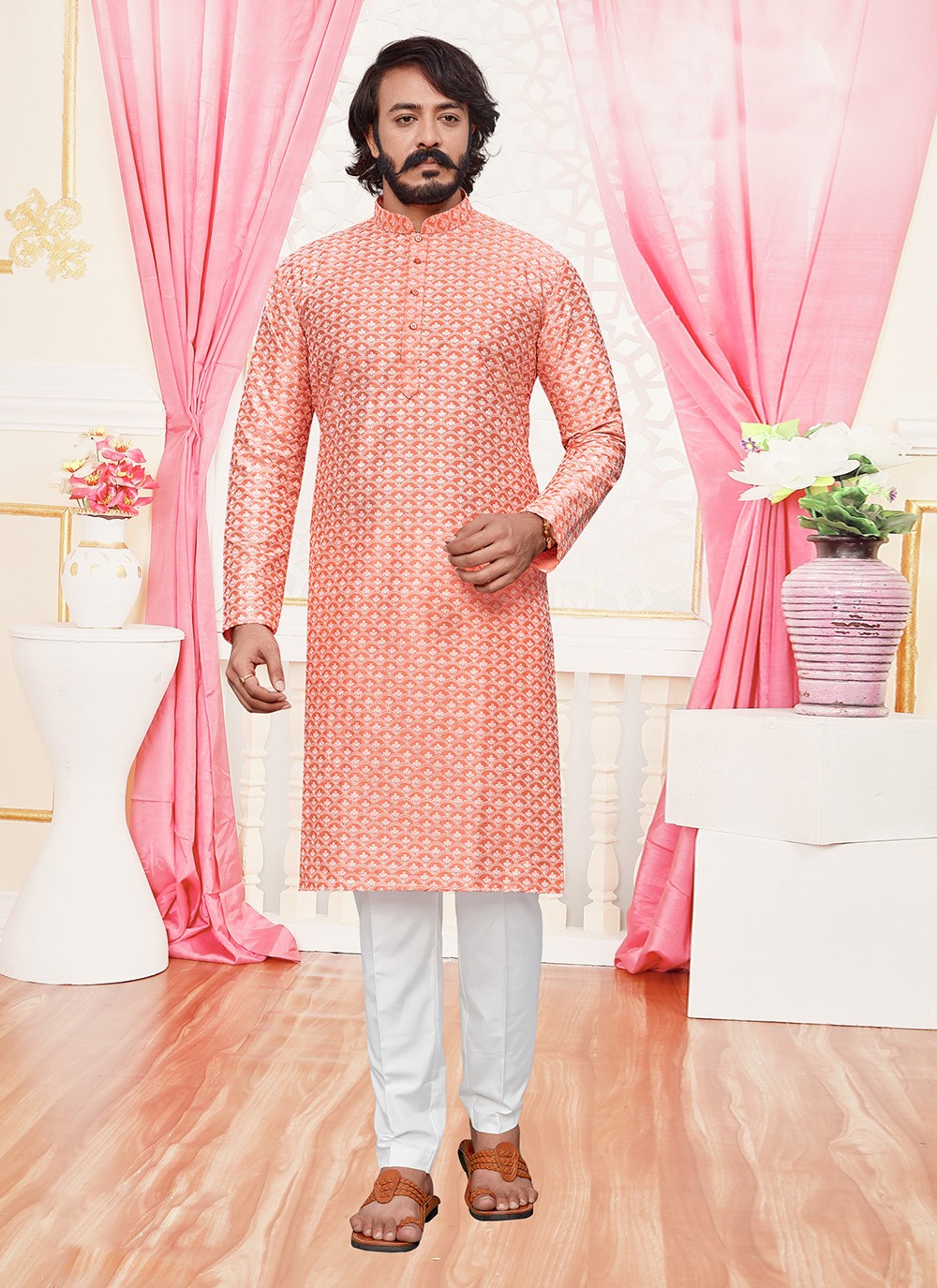 Embroidered Silk Peach Kurta Pyjama - M1938