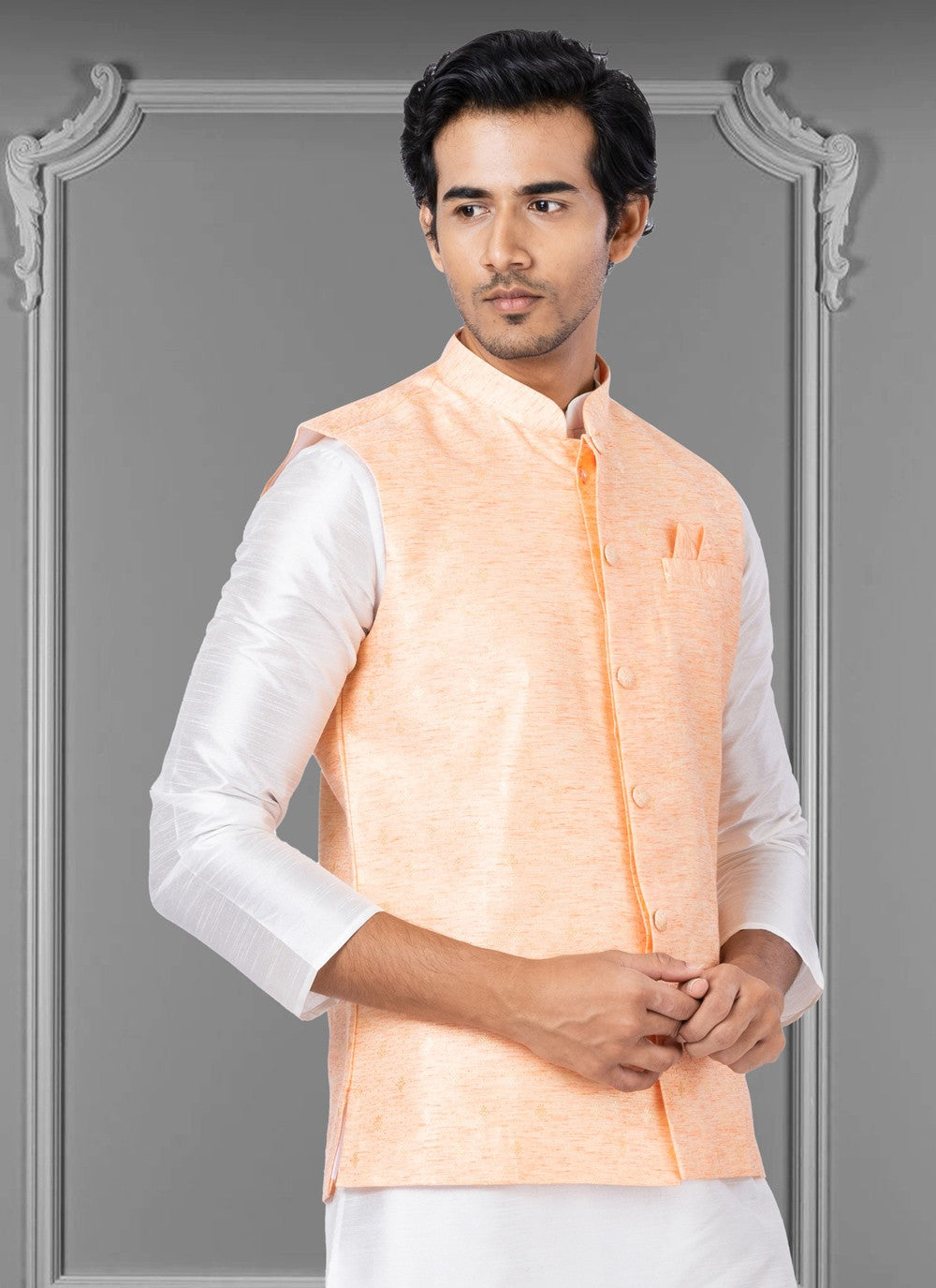 Embroidered Linen, Silk Peach Nehru Jackets - M3805