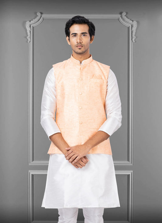 Embroidered Linen, Silk Peach Nehru Jackets - M3805