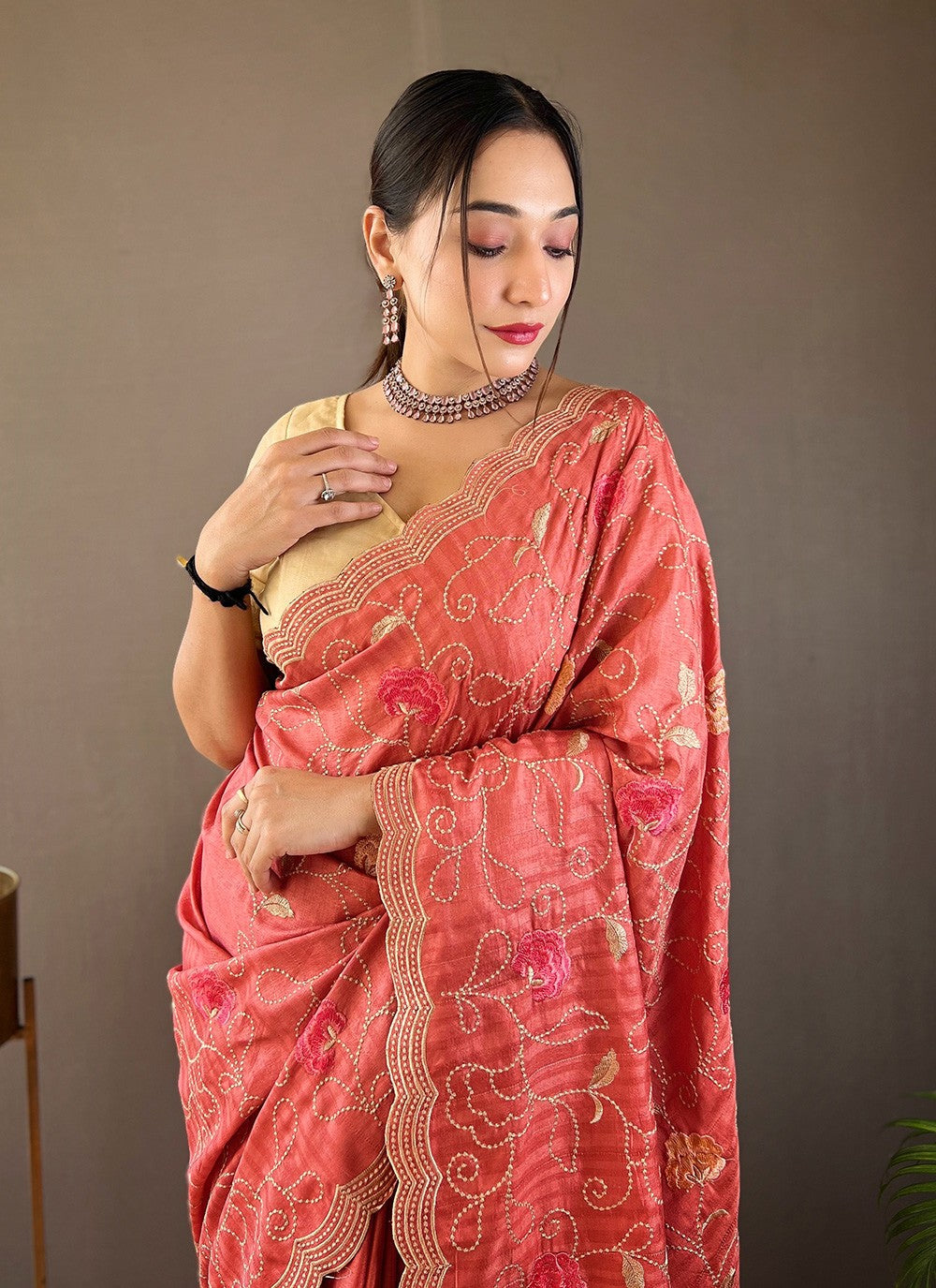 Traditional Embroidered Tussar Silk Saree - S5958