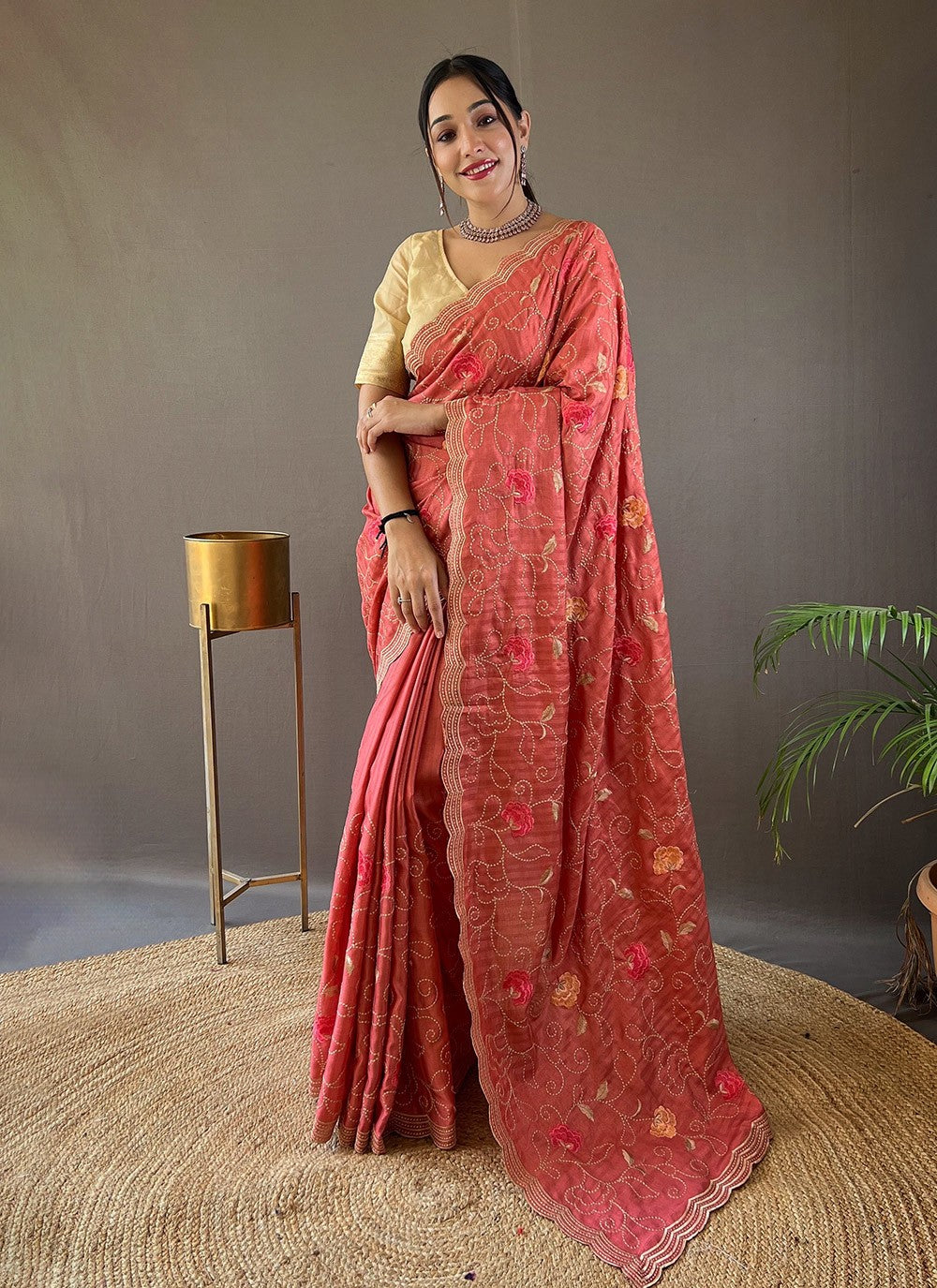 Traditional Embroidered Tussar Silk Saree - S5958