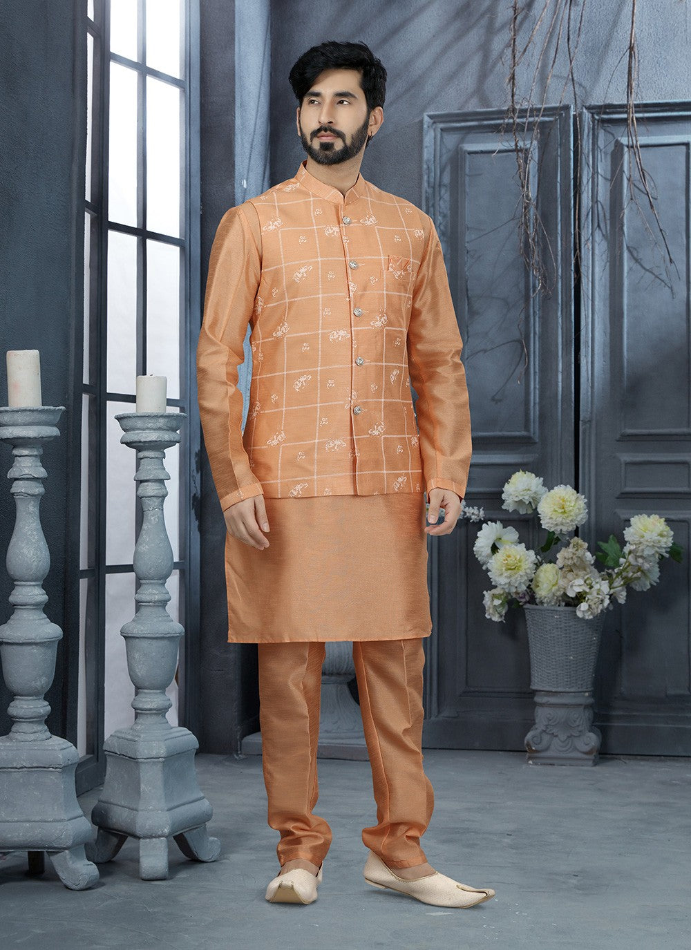 Printed Dupion Silk Peach Kurta Payjama With Jacket - M2904