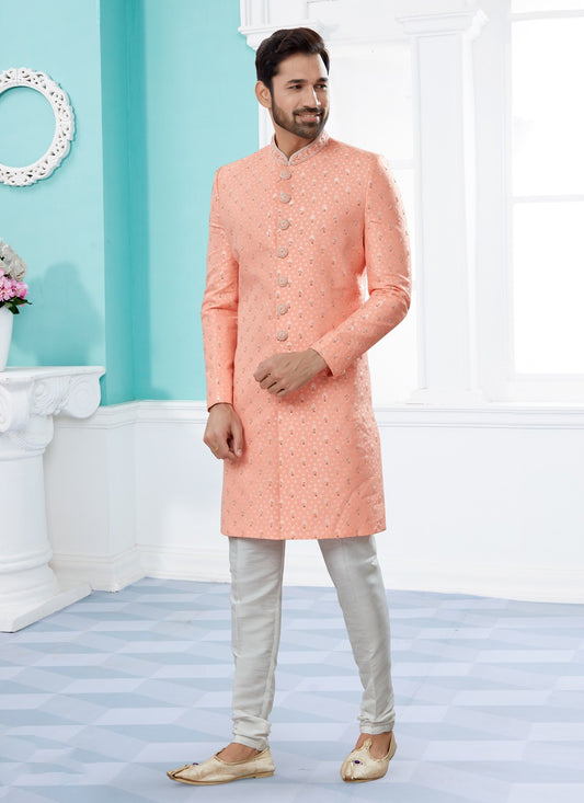 Embroidered Fancy Fabric Peach Indo Western Sherwani - M3932