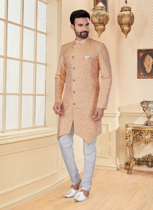 Embroidered Jacquard Peach Indo Western - M2951