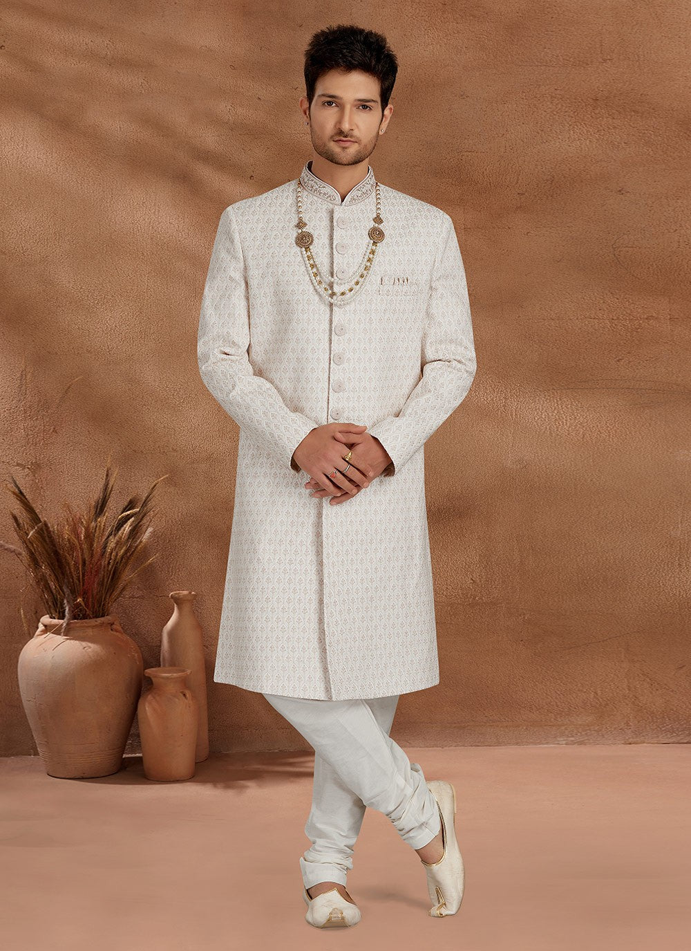 Fancy Work Lucknowi Peach Indo Western Sherwani - M2791