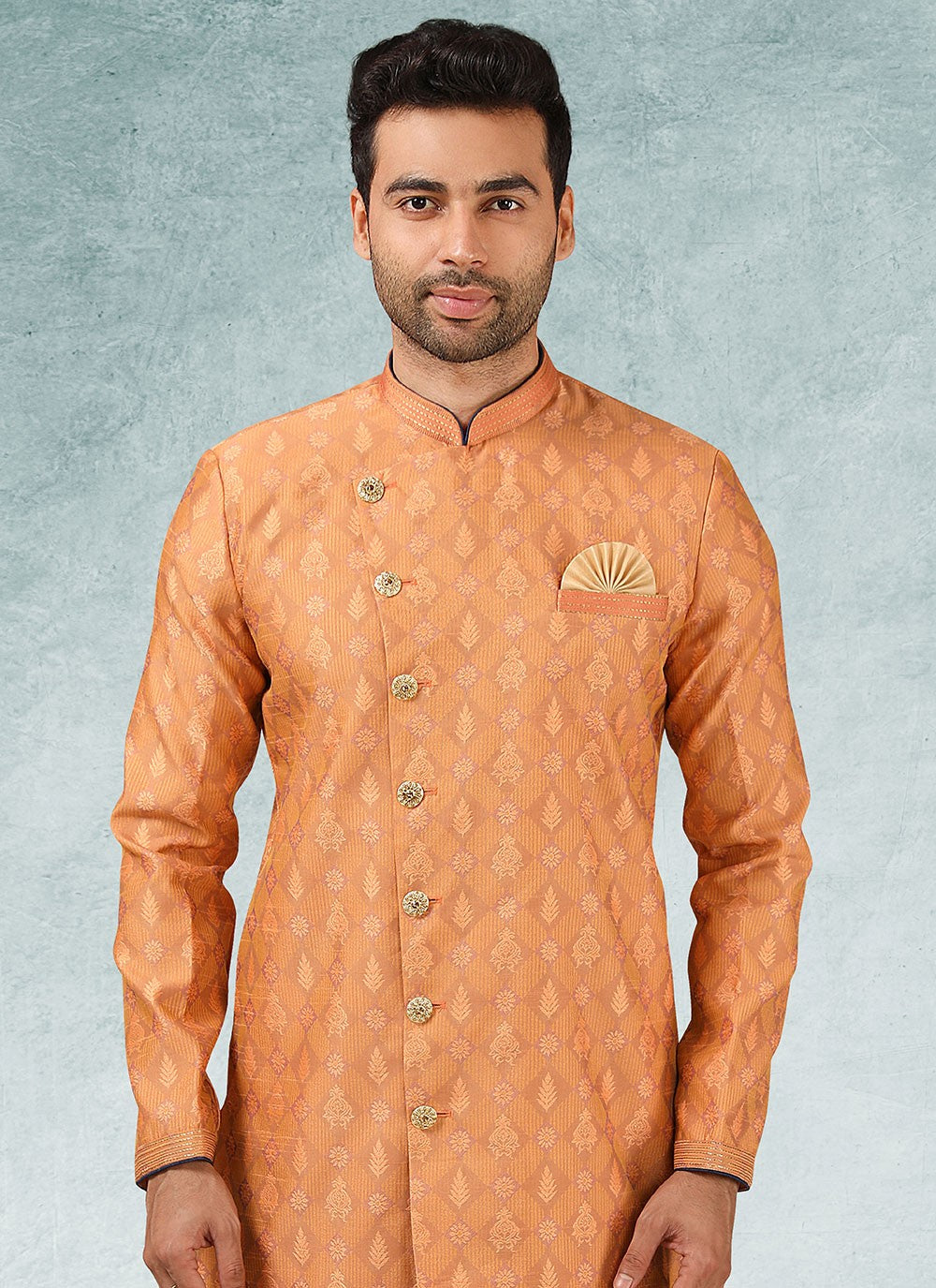 Fancy Work Brocade, Jacquard Silk Peach Indo Western - M3332