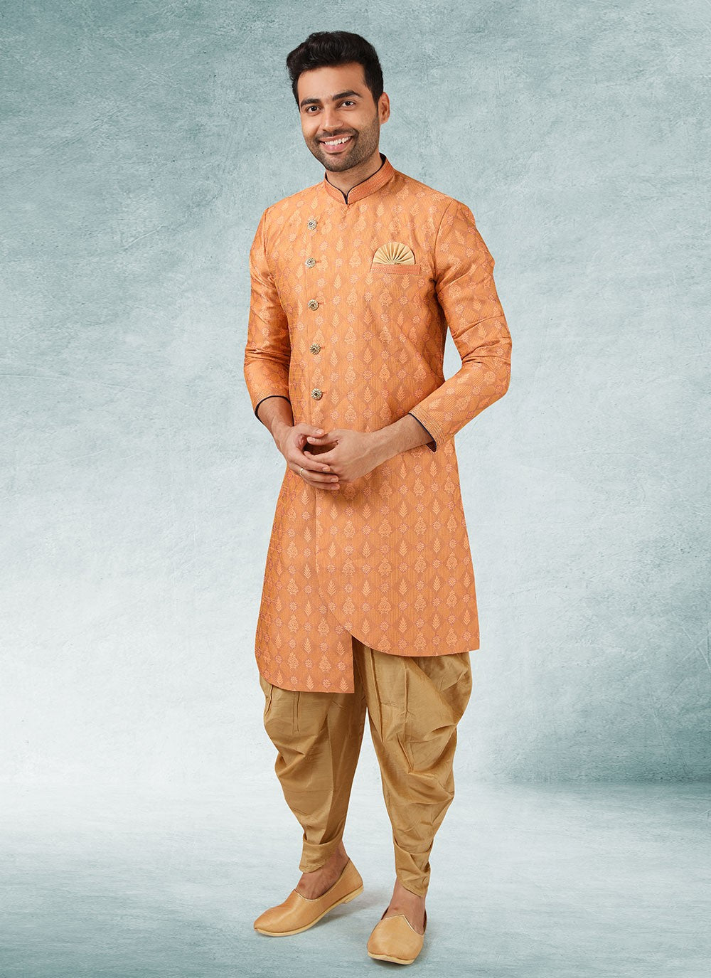 Fancy Work Brocade, Jacquard Silk Peach Indo Western - M3332