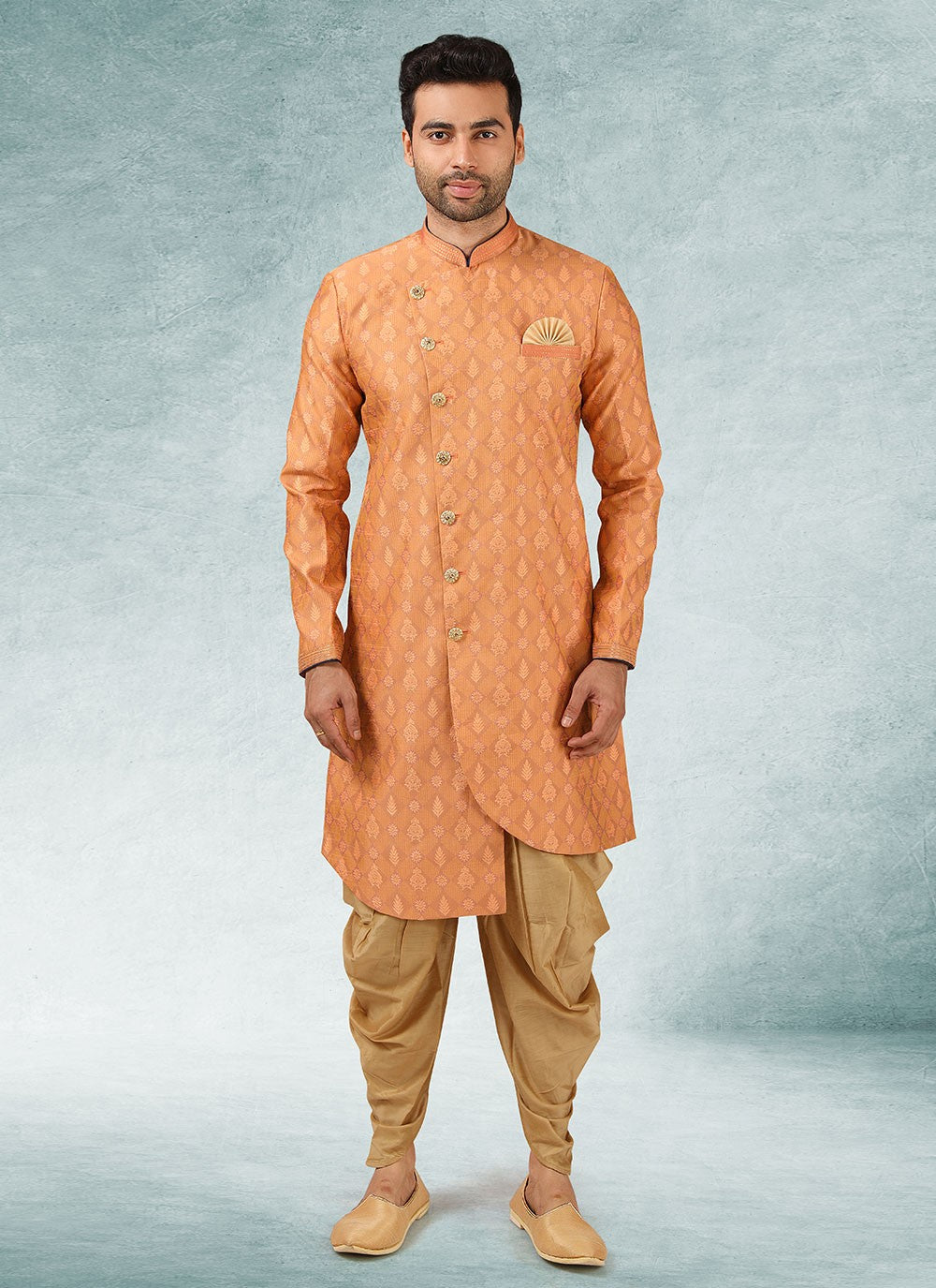 Fancy Work Brocade, Jacquard Silk Peach Indo Western - M3332