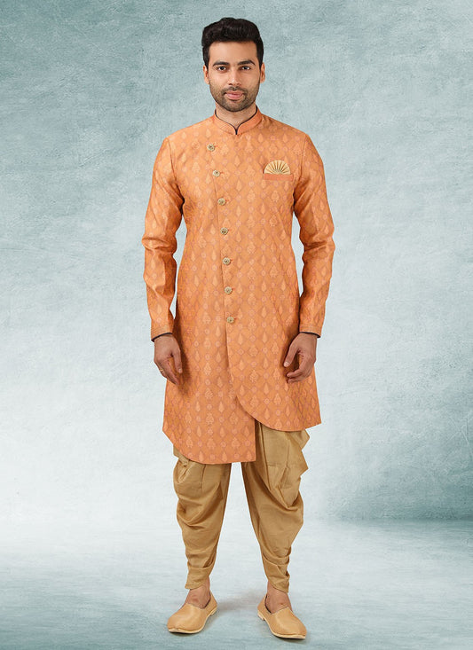 Fancy Work Brocade, Jacquard Silk Peach Indo Western - M3332