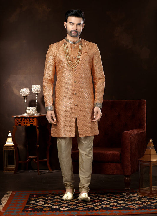 Embroidered Fancy Fabric Peach Sherwani - M3062