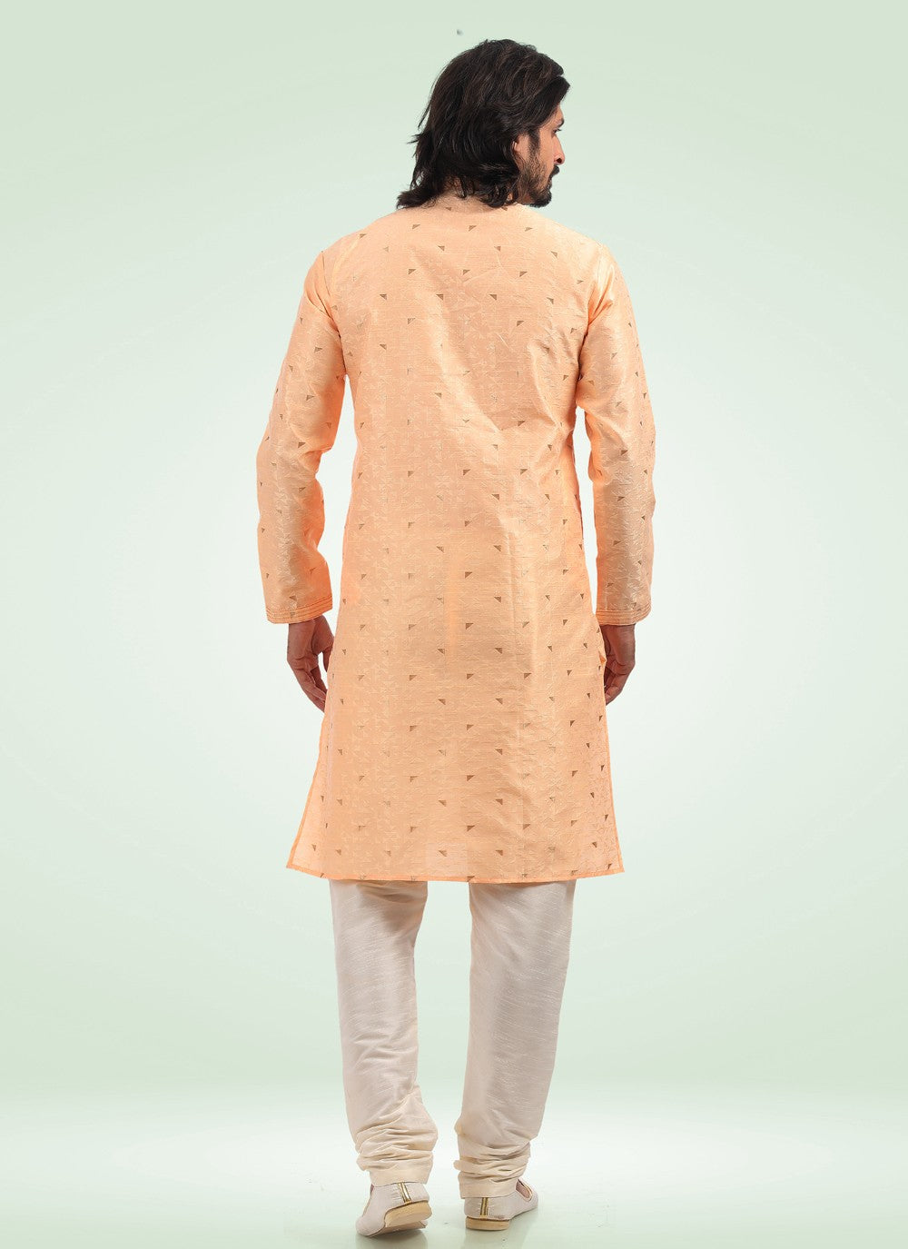 Fancy Work Banarasi Jacquard Peach Kurta Pyjama - M4573