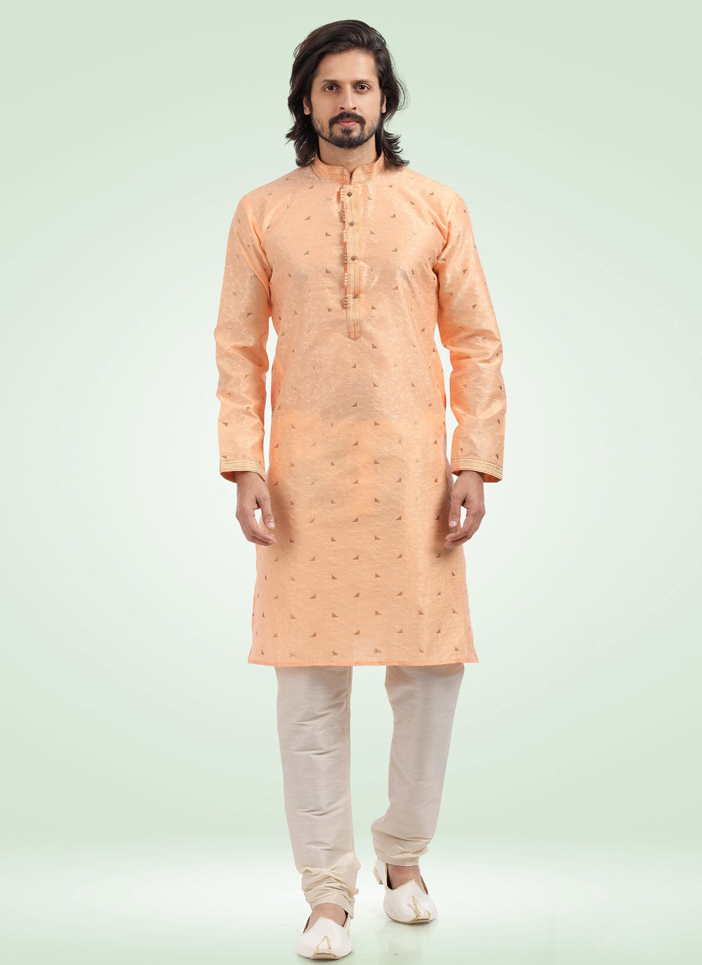 Fancy Work Banarasi Jacquard Peach Kurta Pyjama - M4573