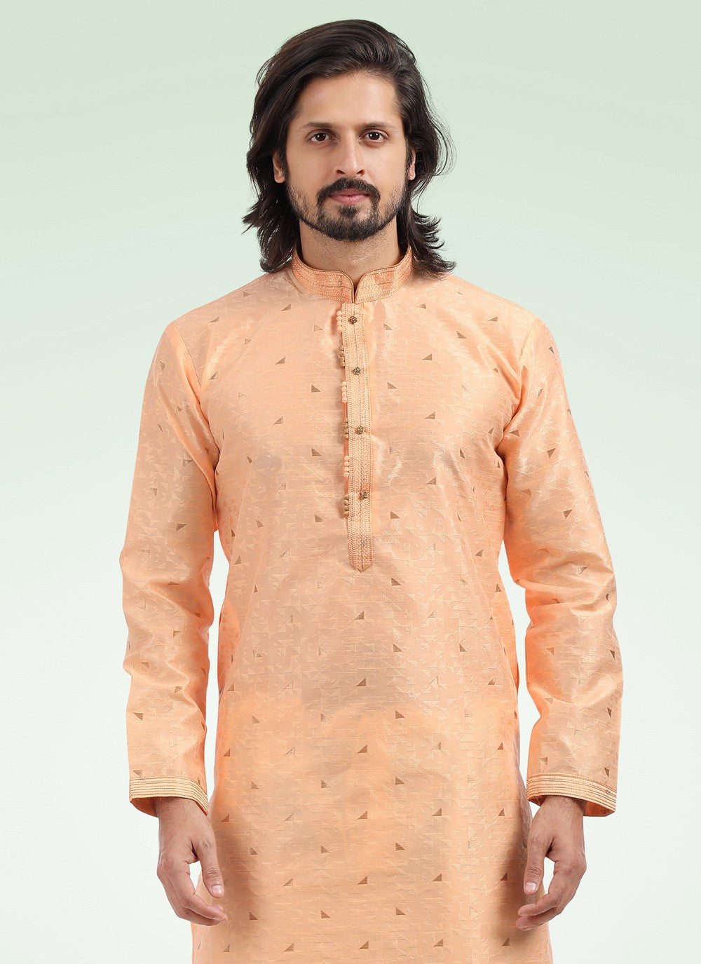 Fancy Work Banarasi Jacquard Peach Kurta Pyjama - M4573