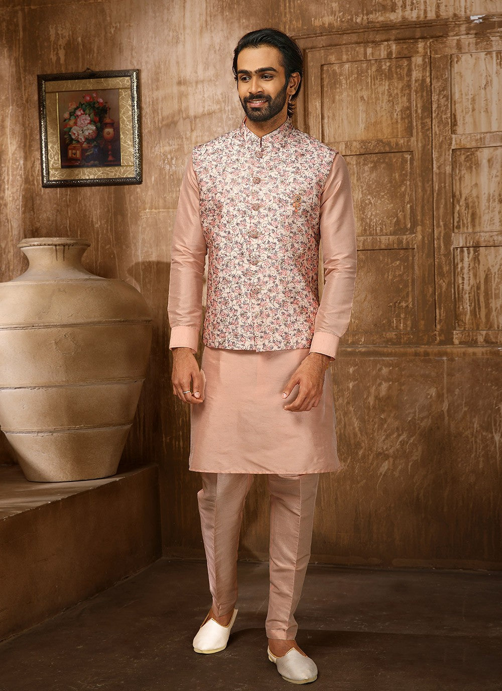 Embroidered Banarasi Silk Peach Kurta Payjama With Jacket - M4286