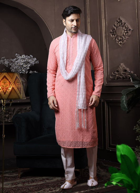 Embroidered Georgette, Lucknowi Peach Kurta Pyjama - M3647