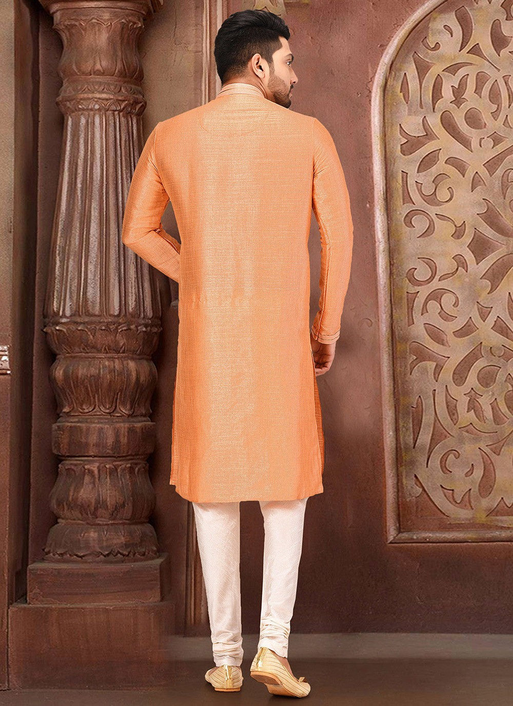 Embroidered Malbari Silk Peach Kurta Pyjama - M2735