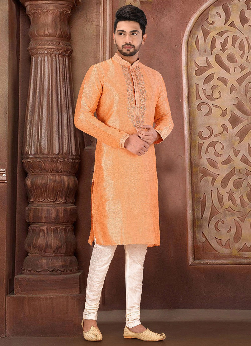 Embroidered Malbari Silk Peach Kurta Pyjama - M2735