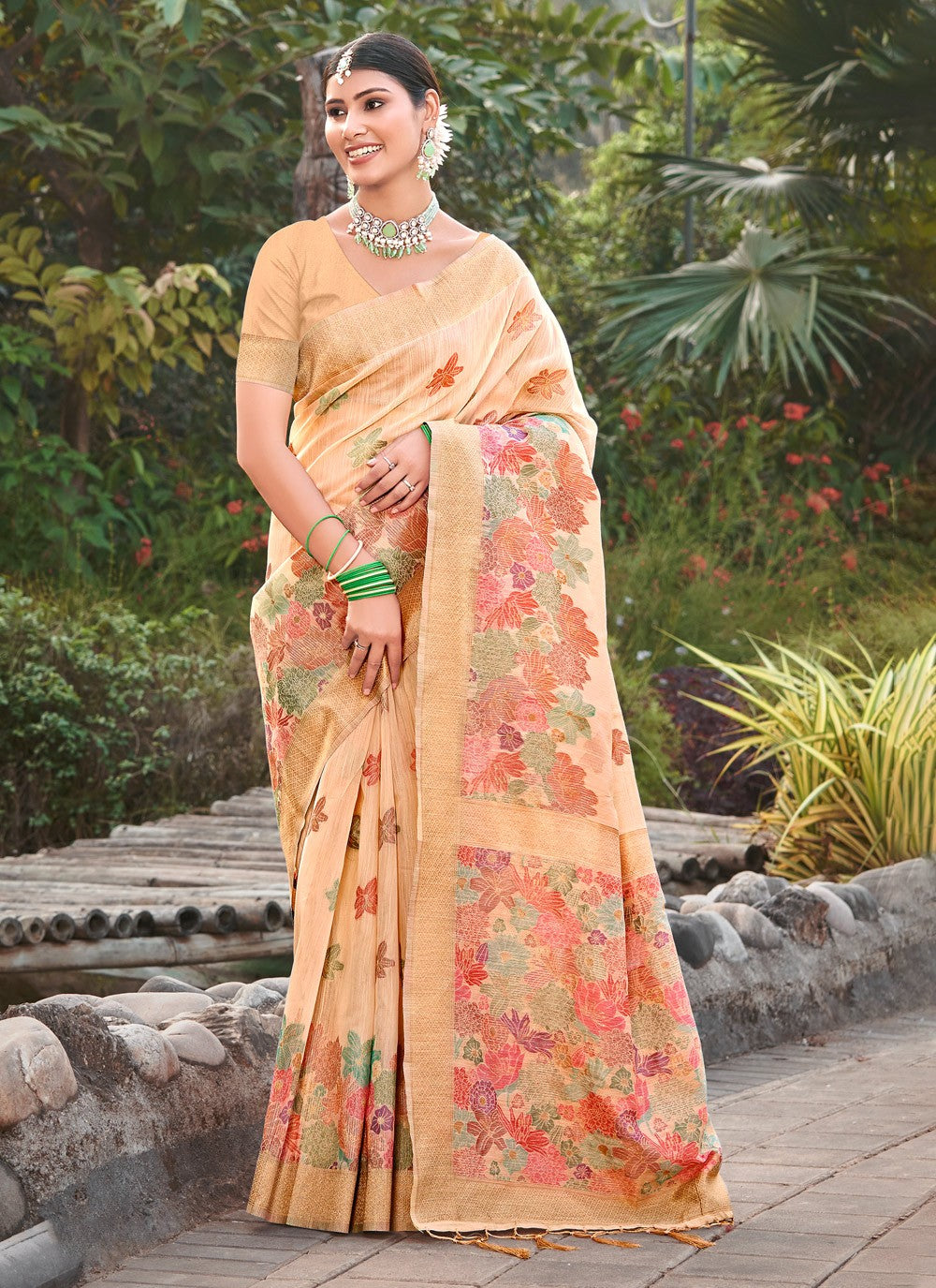 Traditional Floral Printed Cotton Saree - S5124