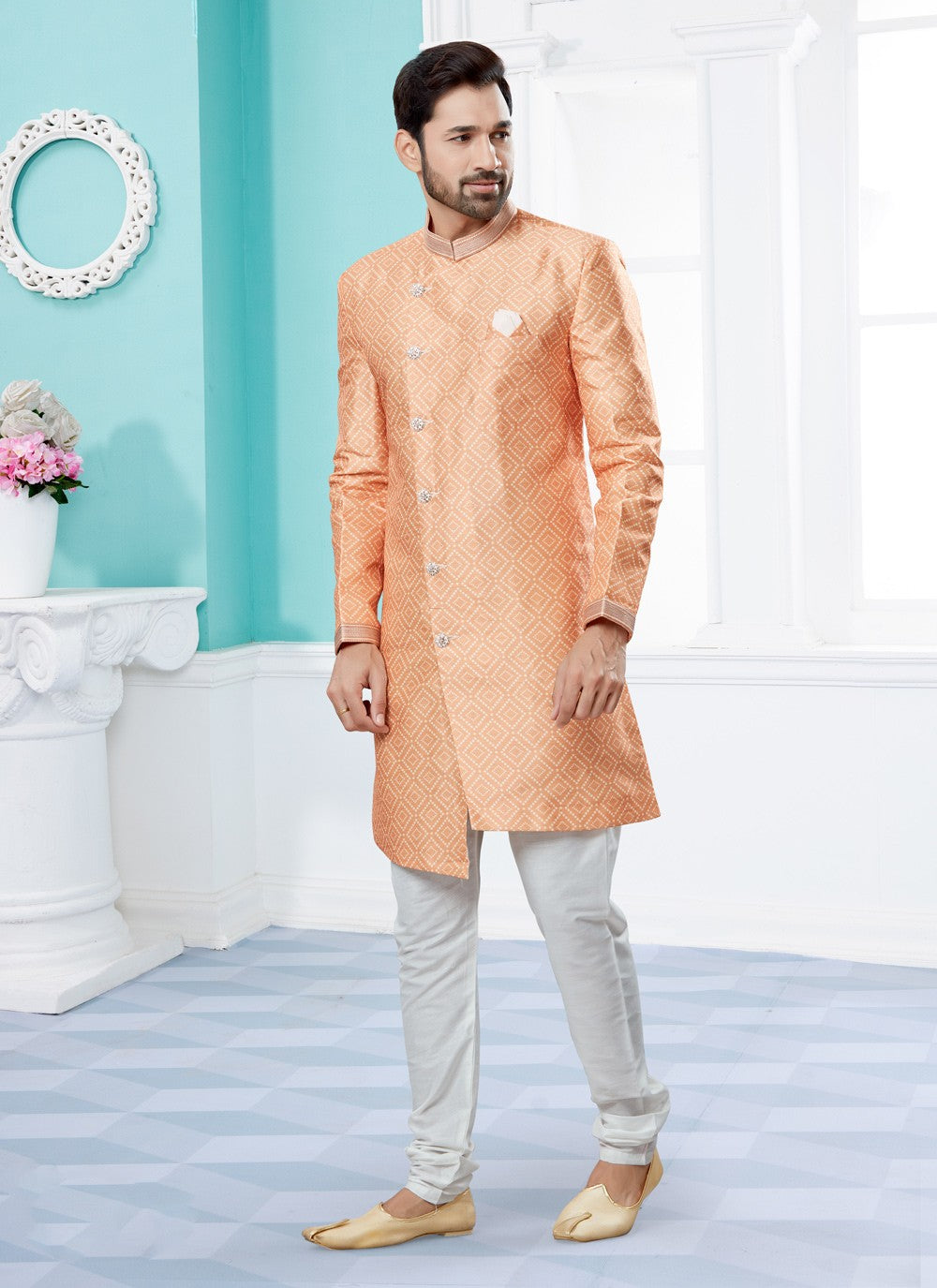 Digital Print Jacquard Peach Indo Western Sherwani - M3910