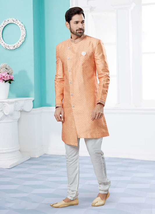 Digital Print Jacquard Peach Indo Western Sherwani - M3910