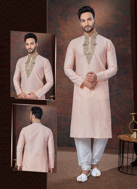 Machine Embroidery Jacquard Peach Kurta Pyjama - M7588