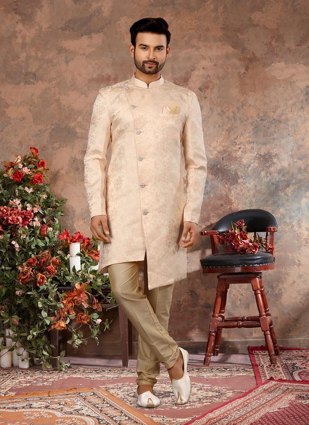 Jacquard Work Jacquard Peach Indo Western Sherwani - M2905