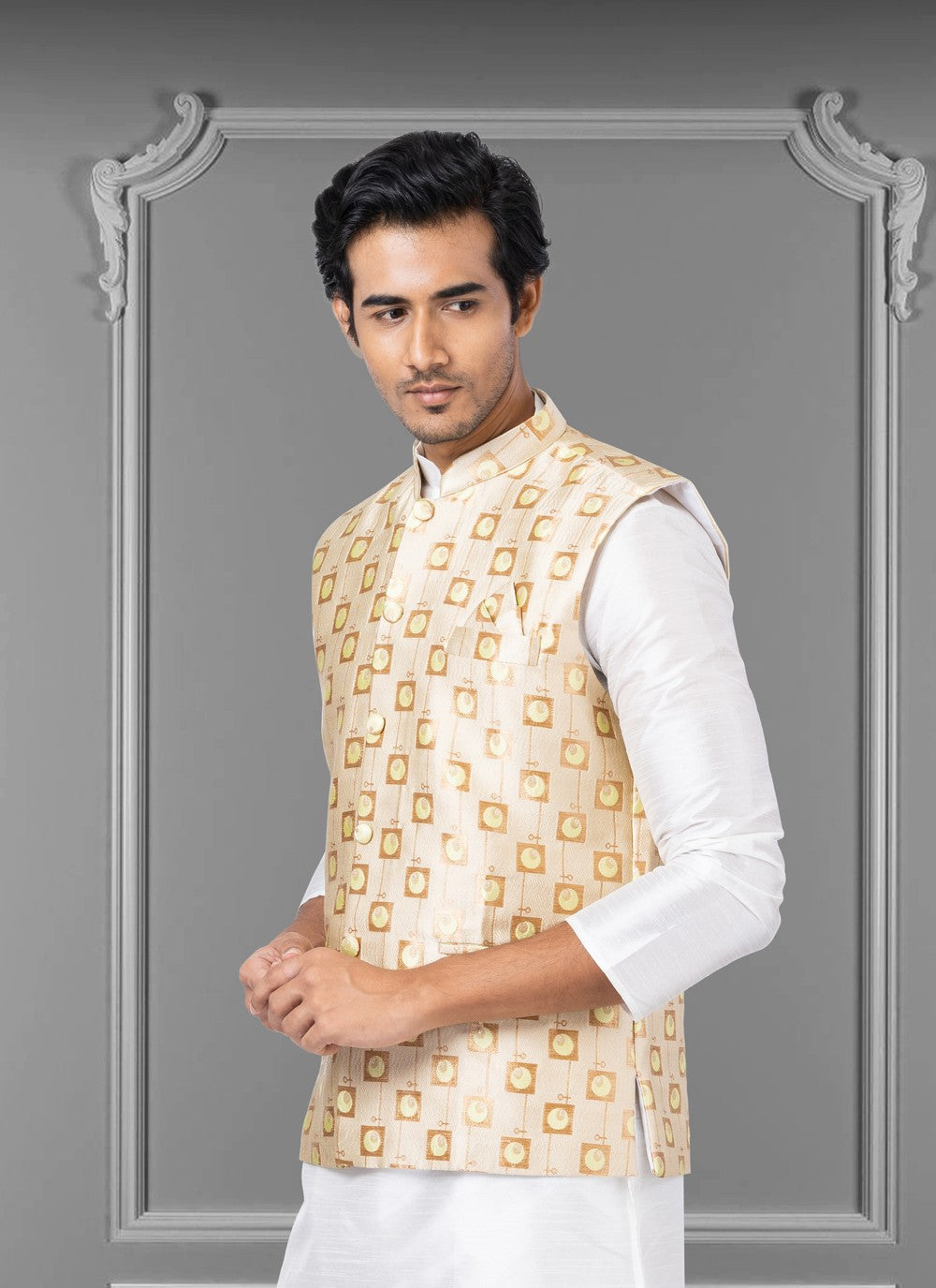 Embroidered Jacquard Silk Peach Nehru Jackets - M3808