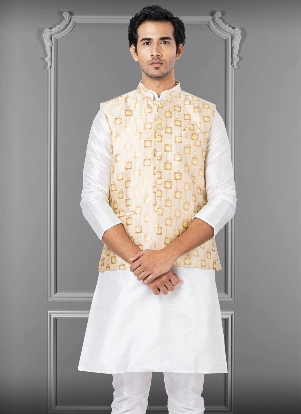 Embroidered Jacquard Silk Peach Nehru Jackets - M3808